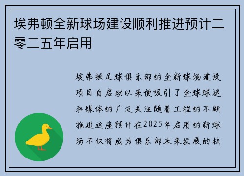 埃弗顿全新球场建设顺利推进预计二零二五年启用