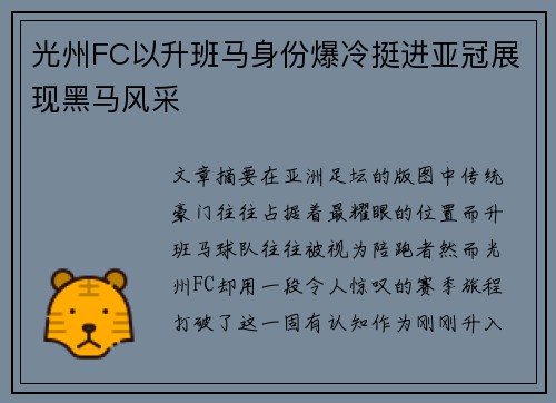 光州FC以升班马身份爆冷挺进亚冠展现黑马风采