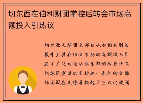 切尔西在伯利财团掌控后转会市场高额投入引热议